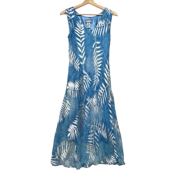 Simply Silk Medium Blue Watercolor Dress Sleeveless Tank Metallic Tropical Vneck - Picture 1 of 8